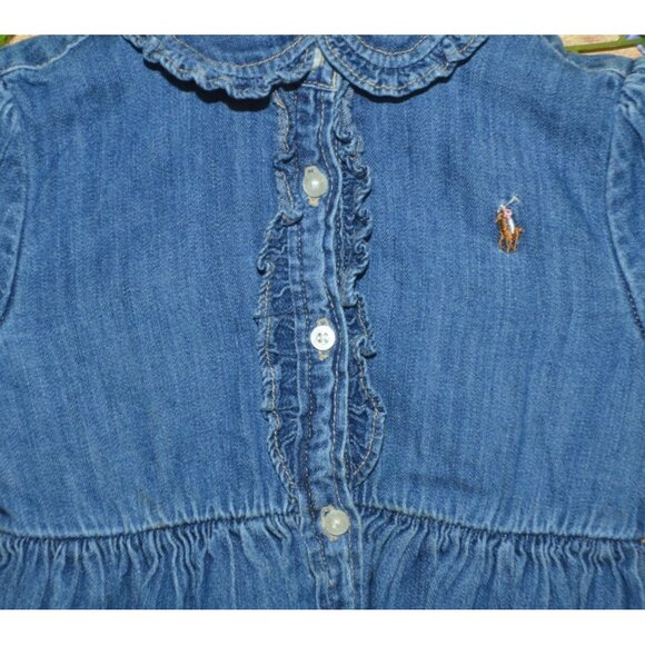 Ralph Lauren Denim Dress Button Up Ruffles Baby 24M Blue Preppy Long Sleeve Pony - Picture 4 of 9